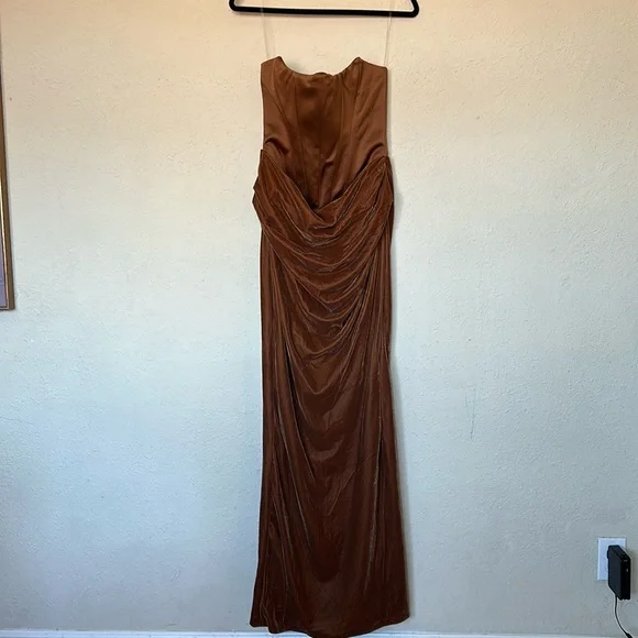 house of cb persephone dress brown 'Persephone' Coffee Velvet Strapless Corset Maxi Dress
